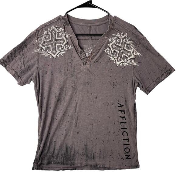 Affliction Y2K Size S Henley Shirt Tee Gothic Rock Cross Distressed Velvet Gray - Picture 1 of 12